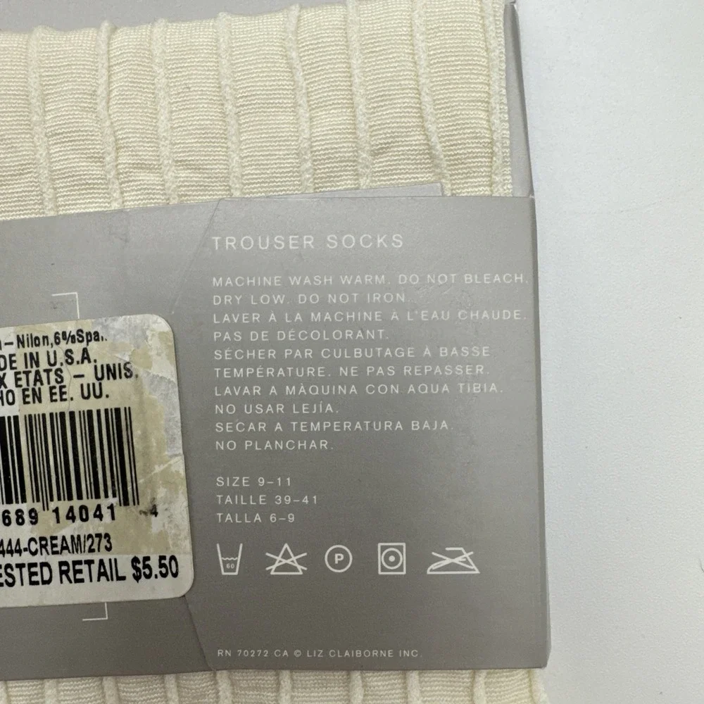 New With Tag Liz Claiborne Trouser Socks, Woman 1 Pair, Size 9-11 Cream